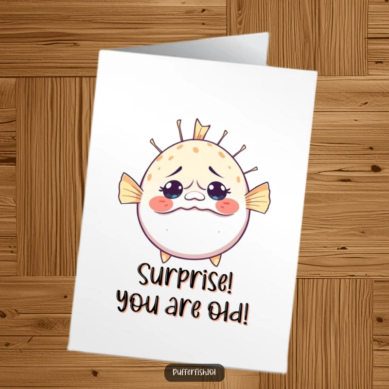 Funny Free Printable Birthday Card: Bewildered pufferfish rapidly inflating with a comically surprised expression, perfect for birthday wishes.