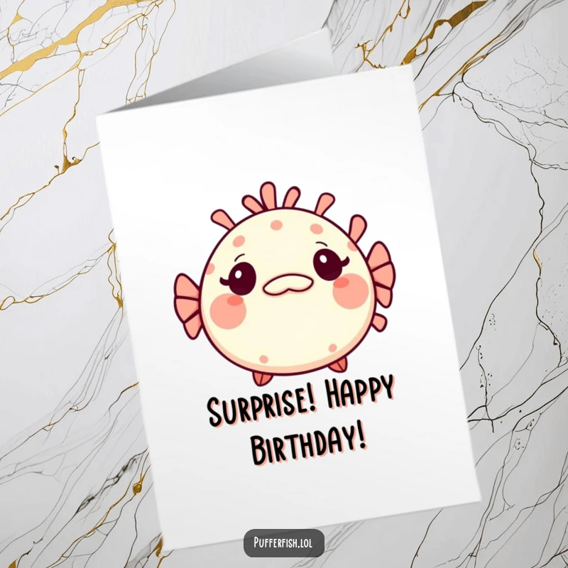 Funny Free Printable Birthday Card: Kawaii pufferfish looking surprised with wide eyes and a tiny, mischievous grin, hiding a birthday surprise.