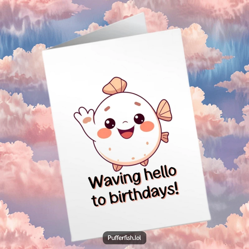Funny Free Printable Birthday Card: Kawaii pufferfish giving a big, cheerful wave with a wide, happy smile, sending warm birthday greetings.