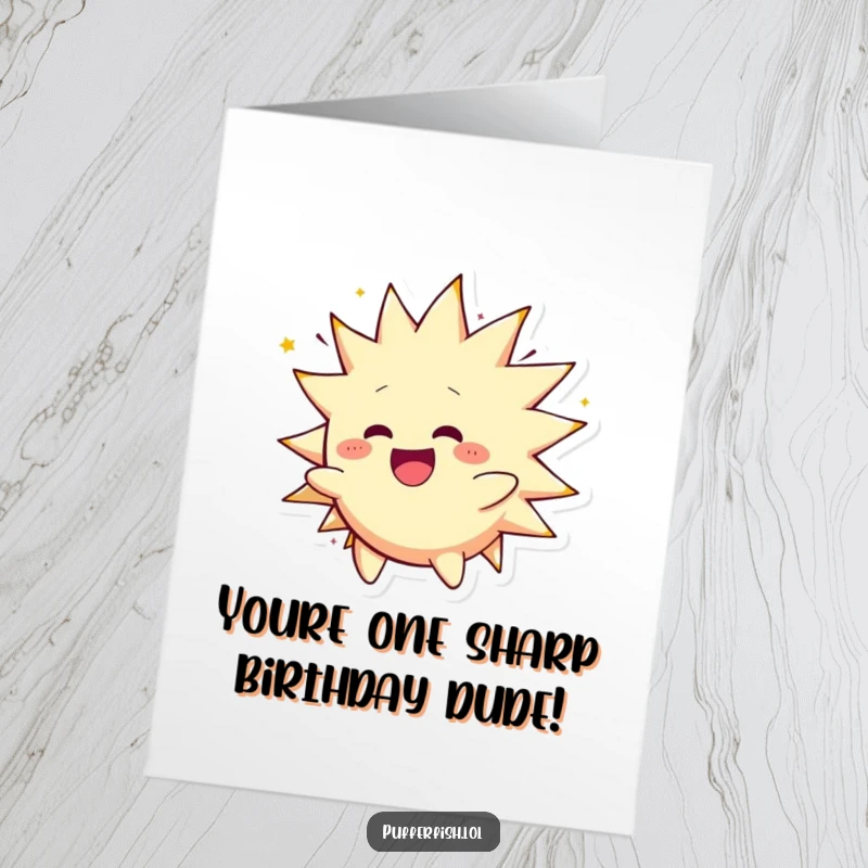 Funny Free Printable Birthday Card: A spiky character joyfully inflates and spins around with pure excitement on a birthday.