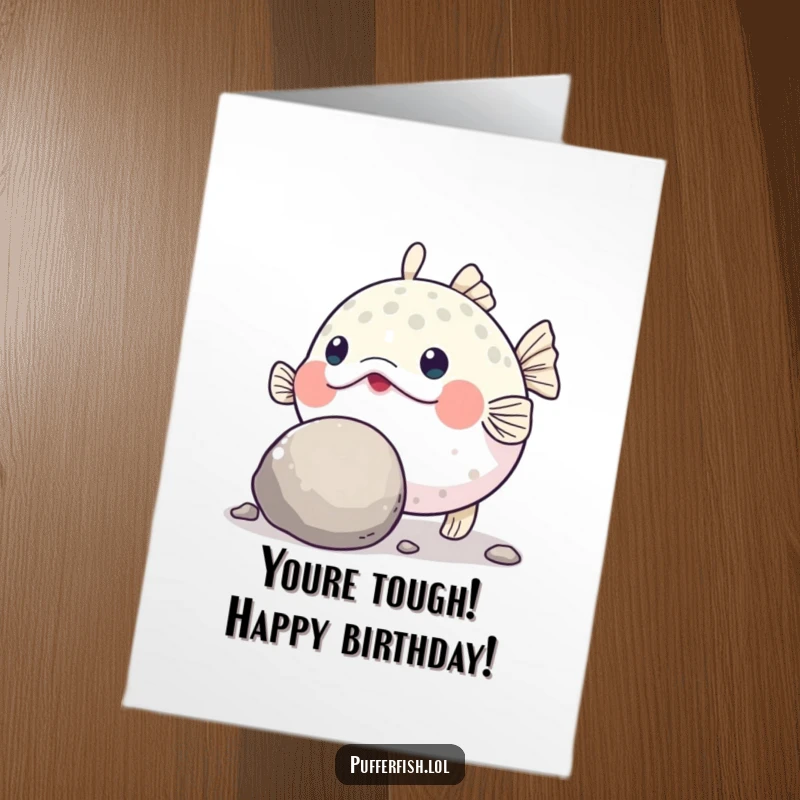 Funny Free Printable Birthday Card: A determined pufferfish strains to push a large pebble with its nose, embodying birthday effort with humor.