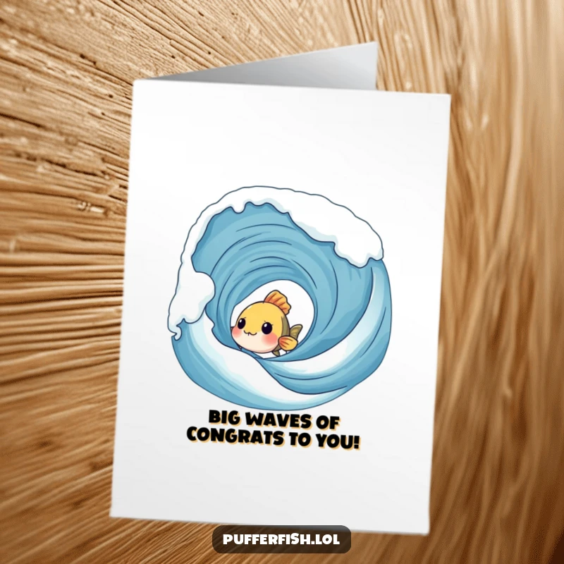 Funny Free Printable Congratulations Card: A shy fish curiously peeks out from behind a large, frothy, bubbling wave.