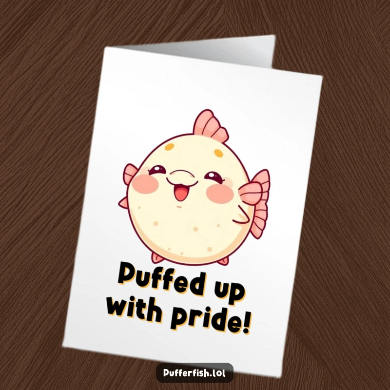 Free Printable Congrats Card: A kawaii pufferfish blushing deeply and fully puffed up in excited celebration.