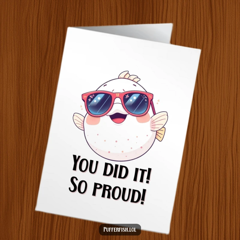 Funny Free Printable Congratulations Card: Giggling pufferfish sports oversized sparkly sunglasses, capturing a moment of pure, bubbly celebration.