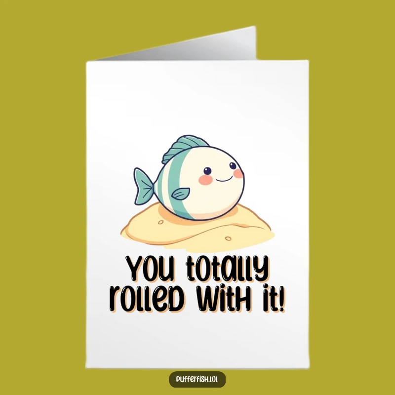 Free Printable Congrats Card: Giggling Round Fish Rolling Downhill - Funny Downloadable Gift