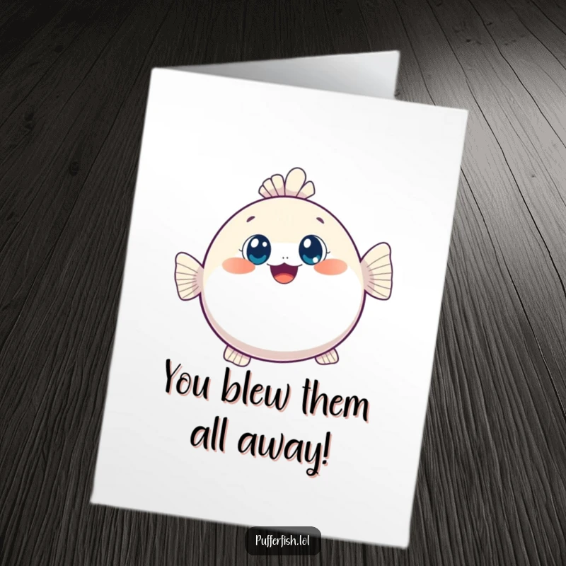 Funny Free Printable Congratulations Card: A kawaii pufferfish joyfully inflates, eyes wide with excitement, celebrating success with this downloadable art.