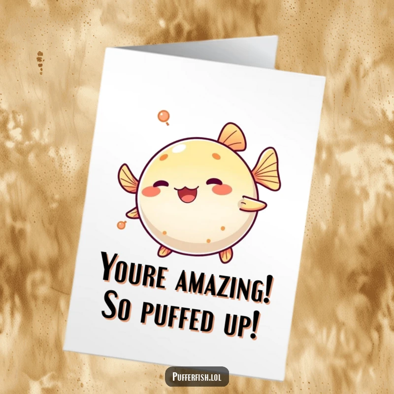 Funny Free Printable Congratulations Card showing a pufferfish spinning joyfully, celebrating success with bubbly enthusiasm.