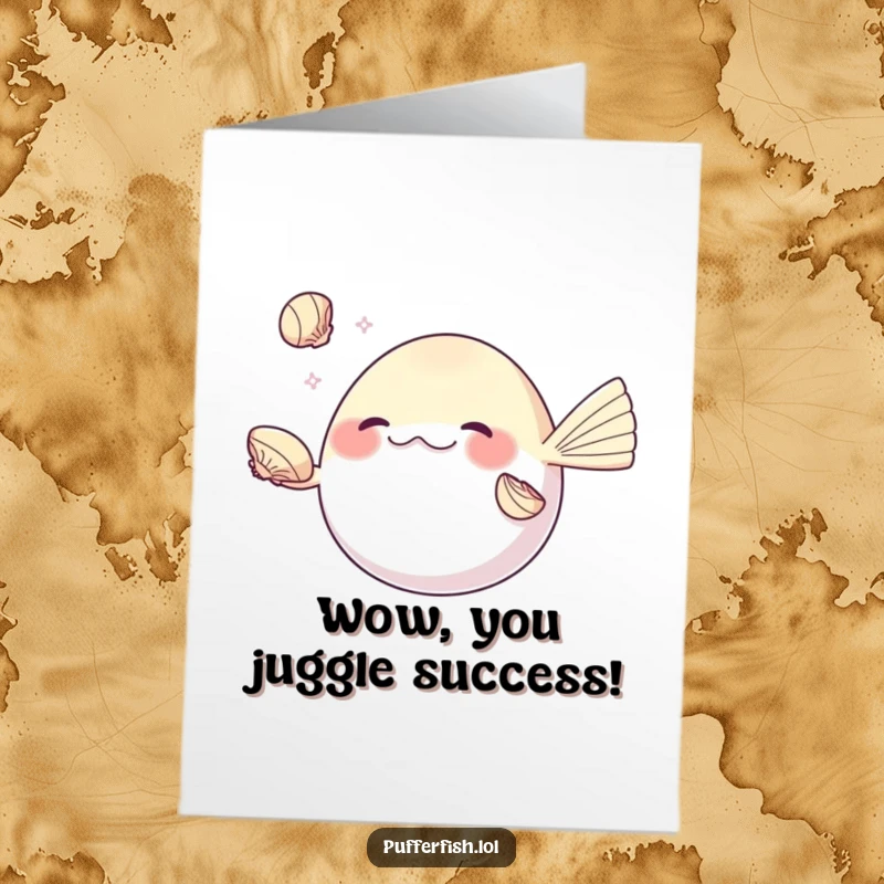 Funny Free Printable Congratulations Card showing a pufferfish juggling three shiny seashells with its fins, a DIY present expressing admiration.