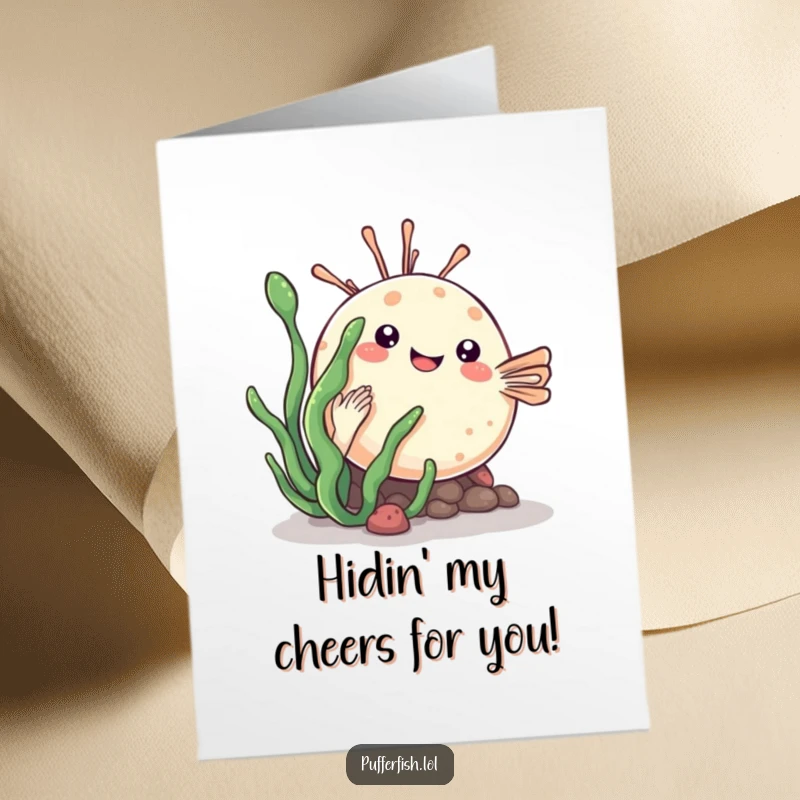 Funny Free Printable Congrats Card: A kawaii pufferfish playfully hiding behind a sea plant, peeking out to congratulate.