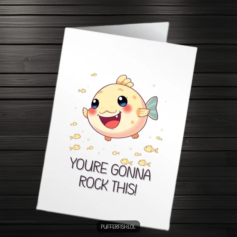 Funny Free Printable Congratulations Card: A delighted pufferfish gleefully pursues a school of tiny shimmering fish, celebrating success with zest.