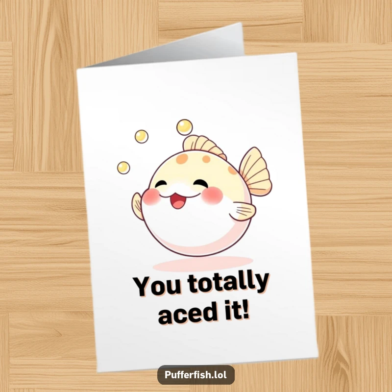 Funny Free Printable Congratulations Card: A delightful pufferfish energetically juggling pearls, conveying joy and achievement, ready to print.