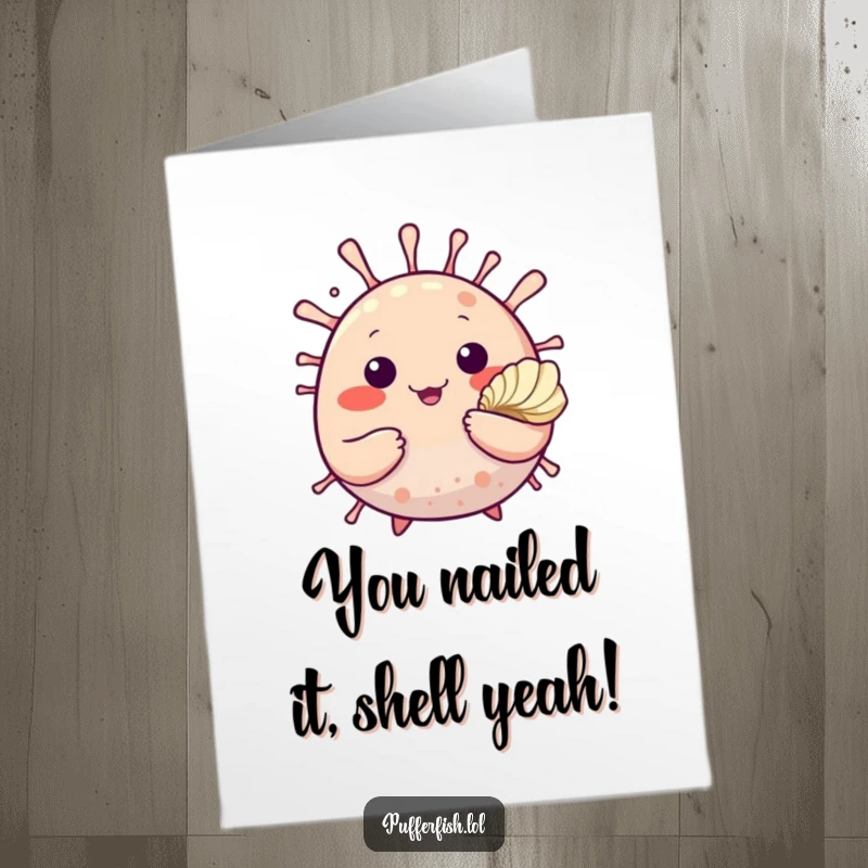 Funny Free Printable Congratulations Card showing a cute pufferfish with a friendly wave presenting a beautiful seashell.