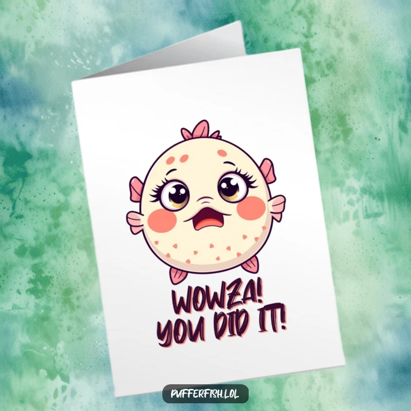Funny Free Printable Congrats Card: A kawaii pufferfish caught off guard with wide, surprised eyes, perfect for an unexpected celebration.