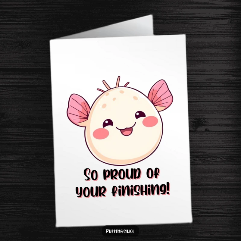 Funny Free Printable Congratulations Card: Kawaii pufferfish waving fins happily, celebrating a success with a silly grin.