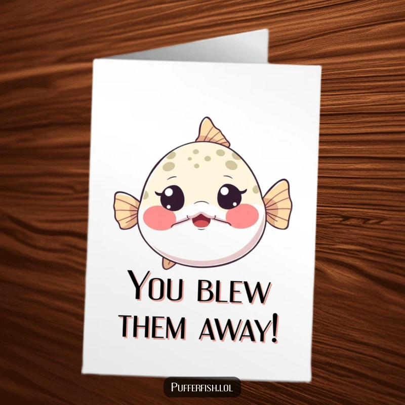 Funny free printable congratulations card of a pufferfish dramatically inflating with pride and playful surprise.