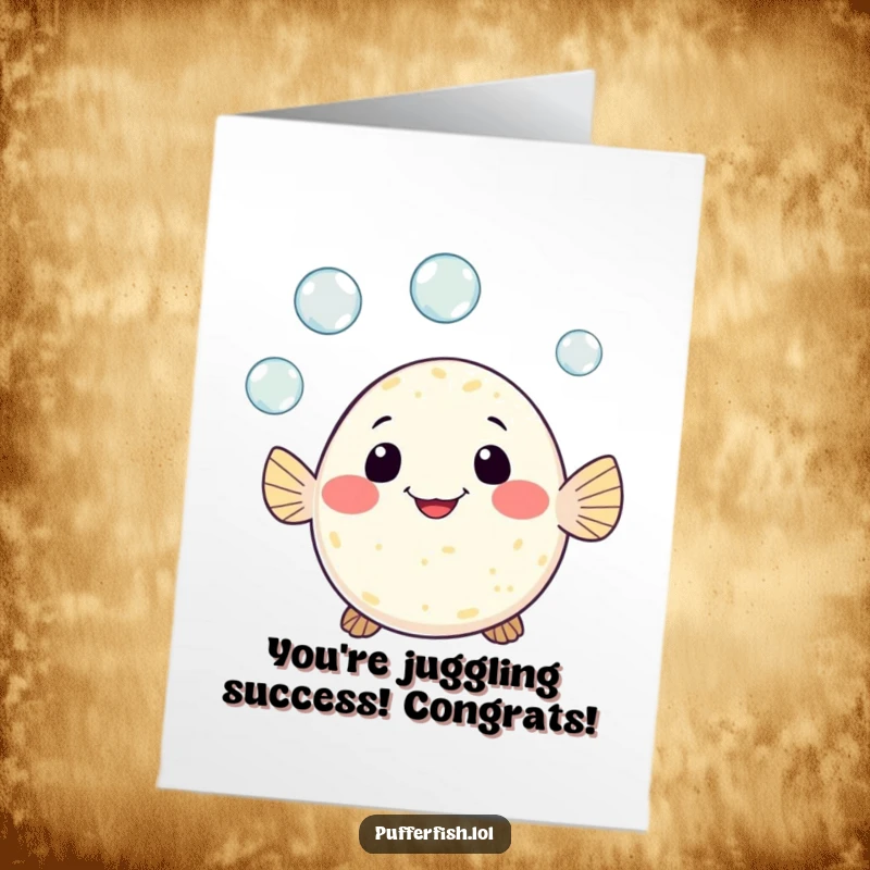 Funny Free Printable Congratulations Card: A cute pufferfish with a wide grin skillfully juggling three tiny bubbles, celebrating success.