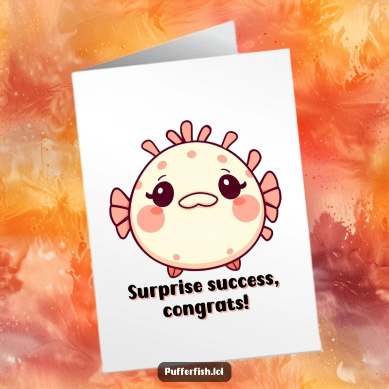 Funny Free Printable Congratulations Card: Kawaii pufferfish looking surprised with a tiny, mischievous grin, hinting at a delightful surprise.