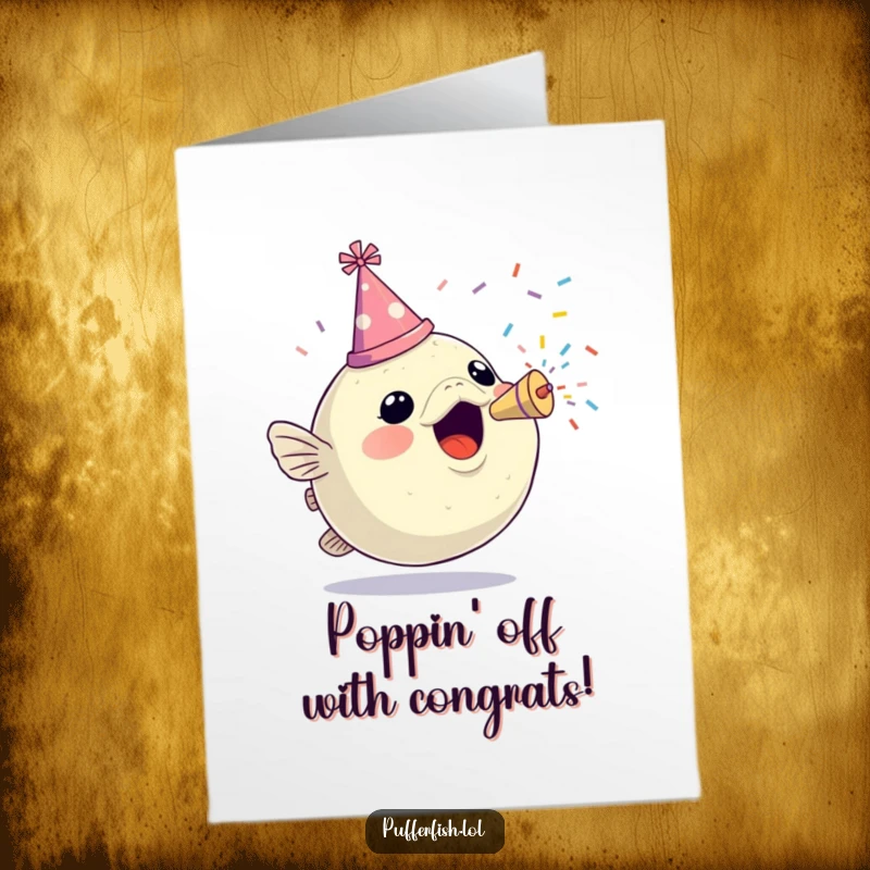 Funny Free Printable Congratulations Card: An excited pufferfish sporting a party hat blasts a confetti popper, celebrating success.