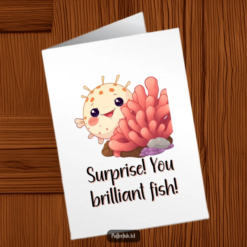 Funny Free Printable Congratulations Card showing a pufferfish playfully peeking from behind colorful coral, a humorous DIY present.