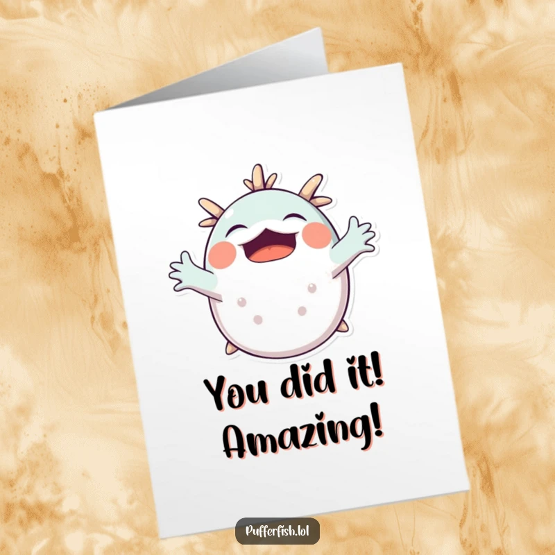 Funny Free Printable Congratulations Card showing a pufferfish stretching its arms in a giant yawn, celebrating a well-deserved rest.