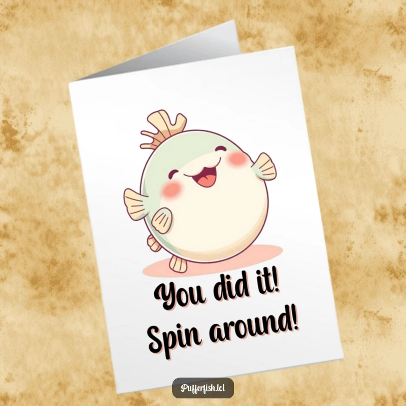 Funny Free Printable Congratulations Card showing a pufferfish happily rolling on its back with fins up, a delightful DIY present.
