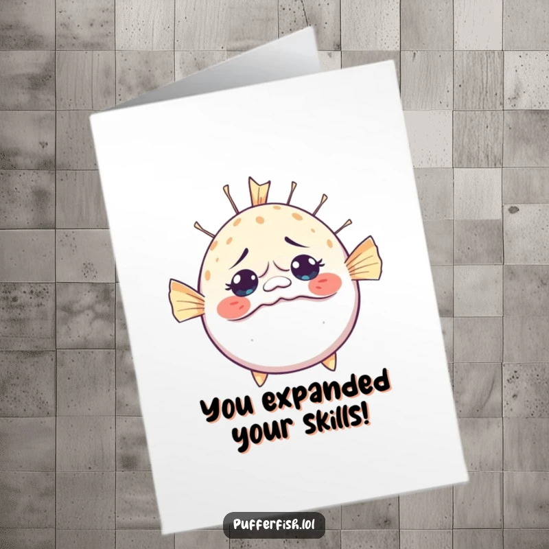 Funny Free Printable Congratulations Card: A pufferfish inflating rapidly, showing a look of pure surprise, celebrating success with a bang.