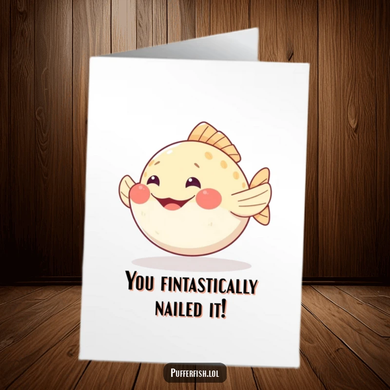 Funny Free Printable Congrats Card: A pufferfish wiggling its fins with an infectious happy grin, celebrating achievements.