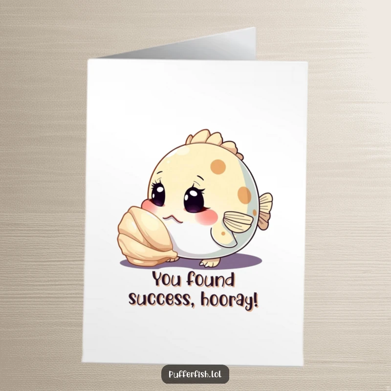 Funny Free Printable Congrats Card: A curious pufferfish character intently inspecting a shiny seashell with wide, wondering eyes.
