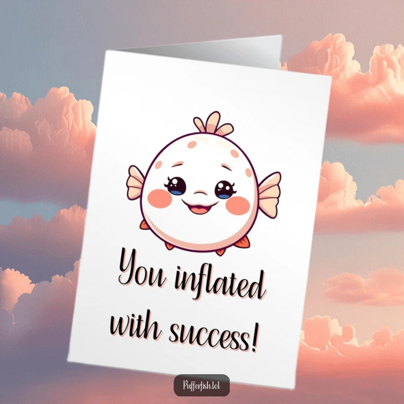 Funny Free Printable Congratulations Card showing a slightly dizzy pufferfish beaming with an exaggerated smile, perfect for celebrating wins.