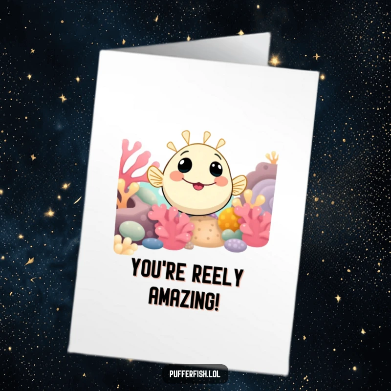 Funny Free Printable Congratulations Card: A smiling pufferfish curiously peeking from its vibrant coral reef home.