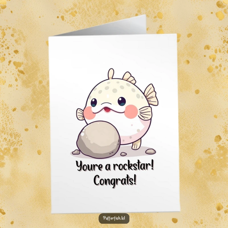 Funny Free Printable Congratulations Card: A determined pufferfish vigorously pushes a large pebble, symbolizing triumph and achievement with a humorous twist.