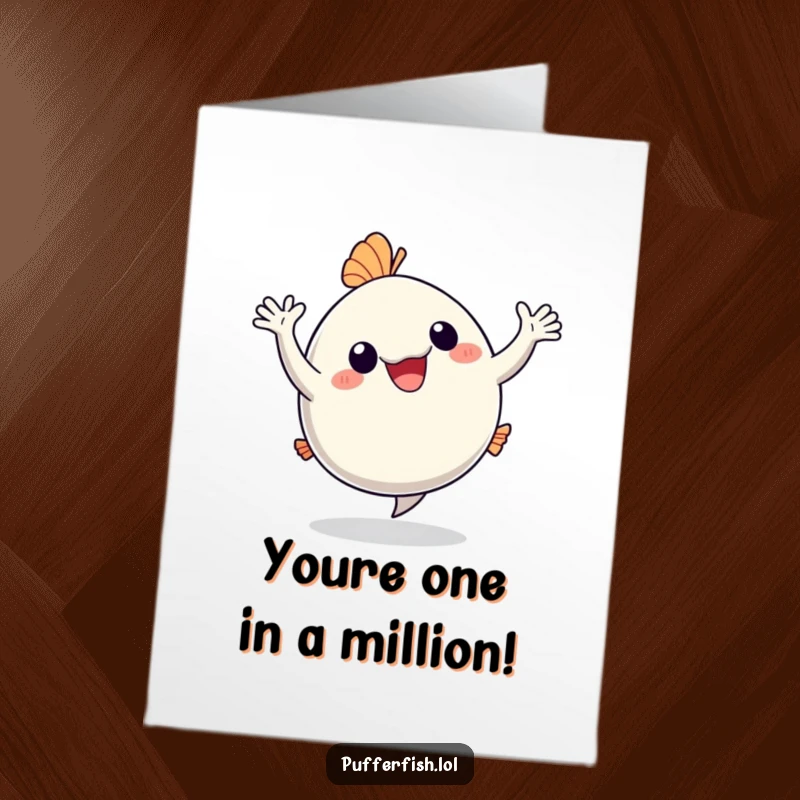 Funny free printable congratulations card: A pufferfish joyfully dances with arms waving, celebrating success. Downloadable art.