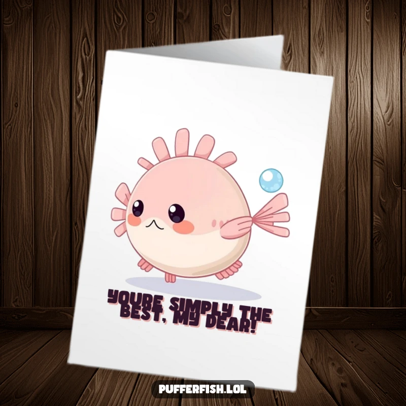 Funny Free Printable Congratulations Card: Pufferfish joyfully pursuing a bubble in blue sea, celebrating success.