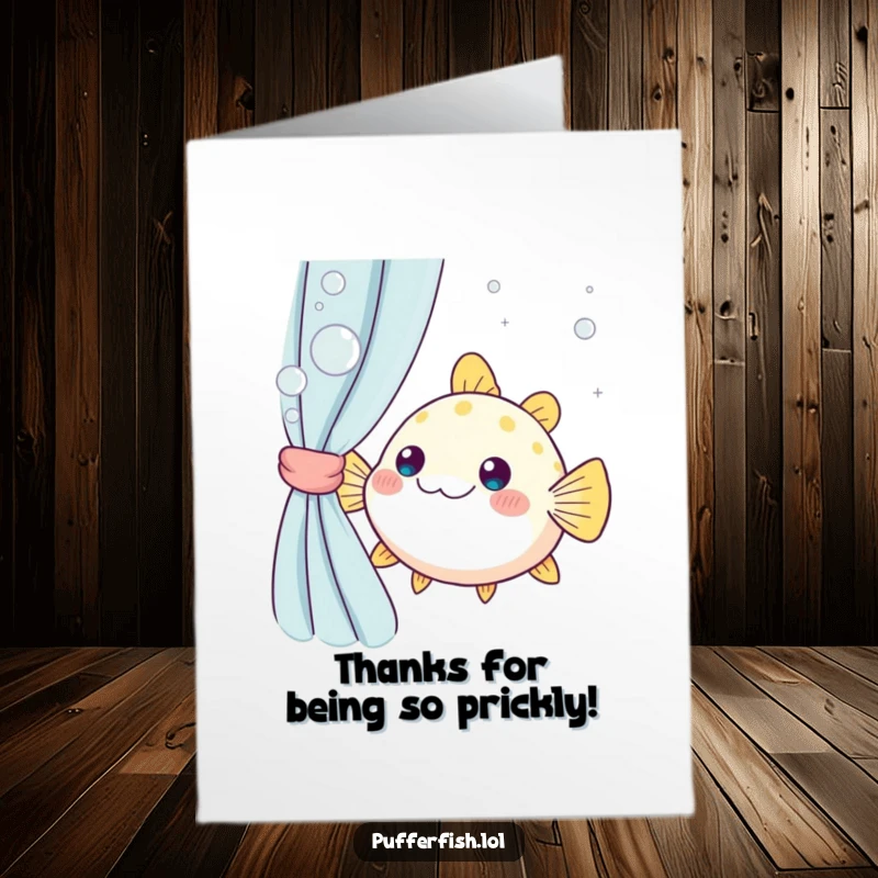 Funny Free Printable Thank You Card: A cute Kawaii pufferfish peeking from bubbly curtains, sending bubbly thanks.