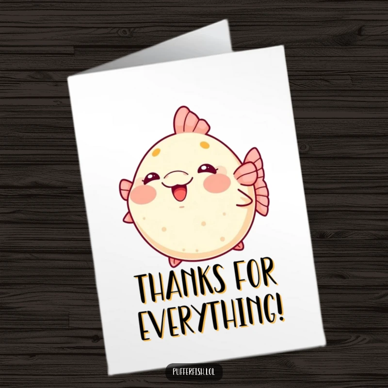 Free Printable Thank You Card: A kawaii pufferfish blushing adorably and puffing up slightly with happy appreciation.