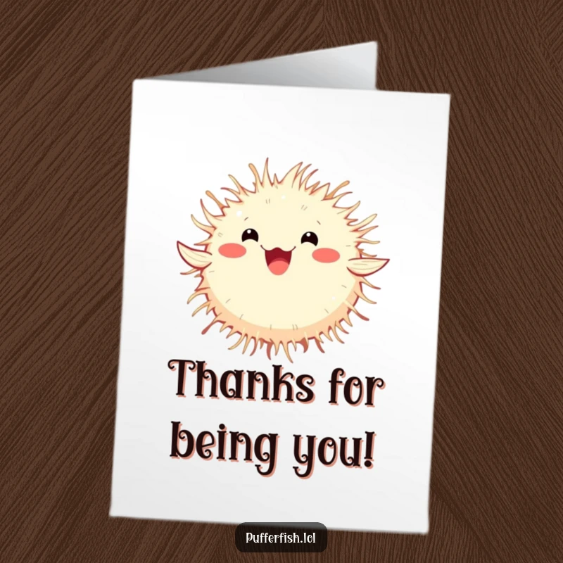Funny Free Printable Thank You Card: A fluffy pufferfish happily spinning, conveying thanks with a playful vibe.
