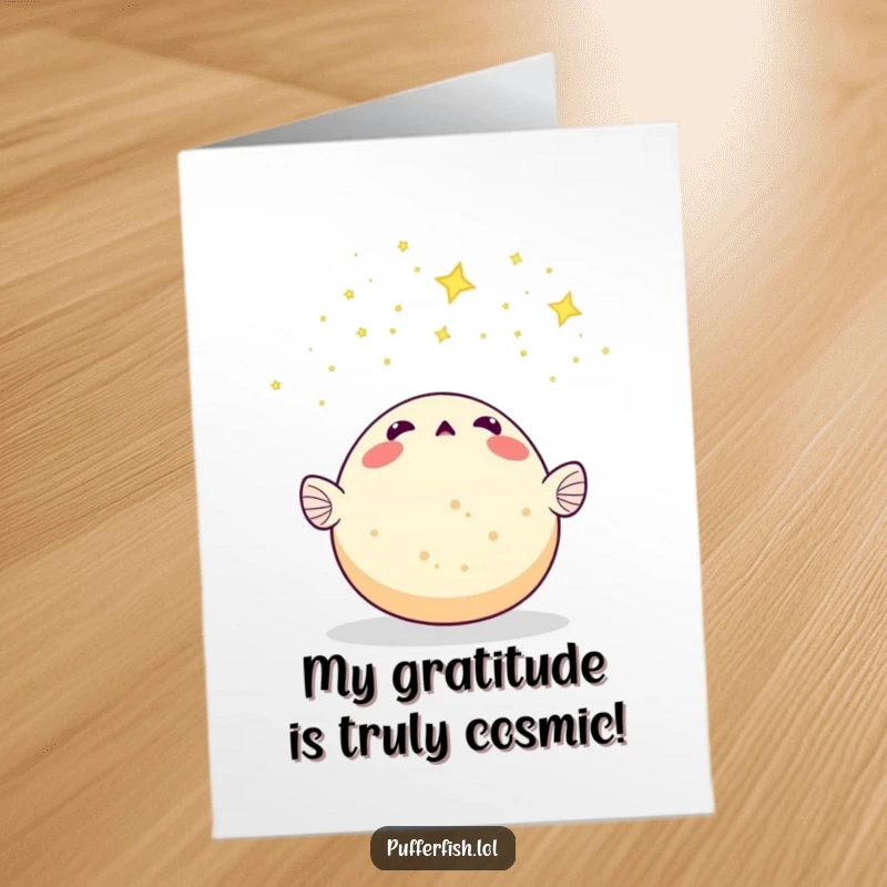 Funny Free Printable Thank You Card: Pufferfish amazed by a meteor shower, a starry thank you note.