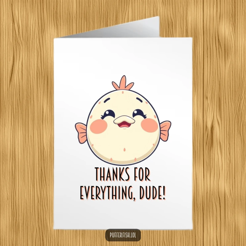 Funny Free Printable Thank You Card: A kawaii pufferfish face shows a comical, wide-eyed surprised expression.