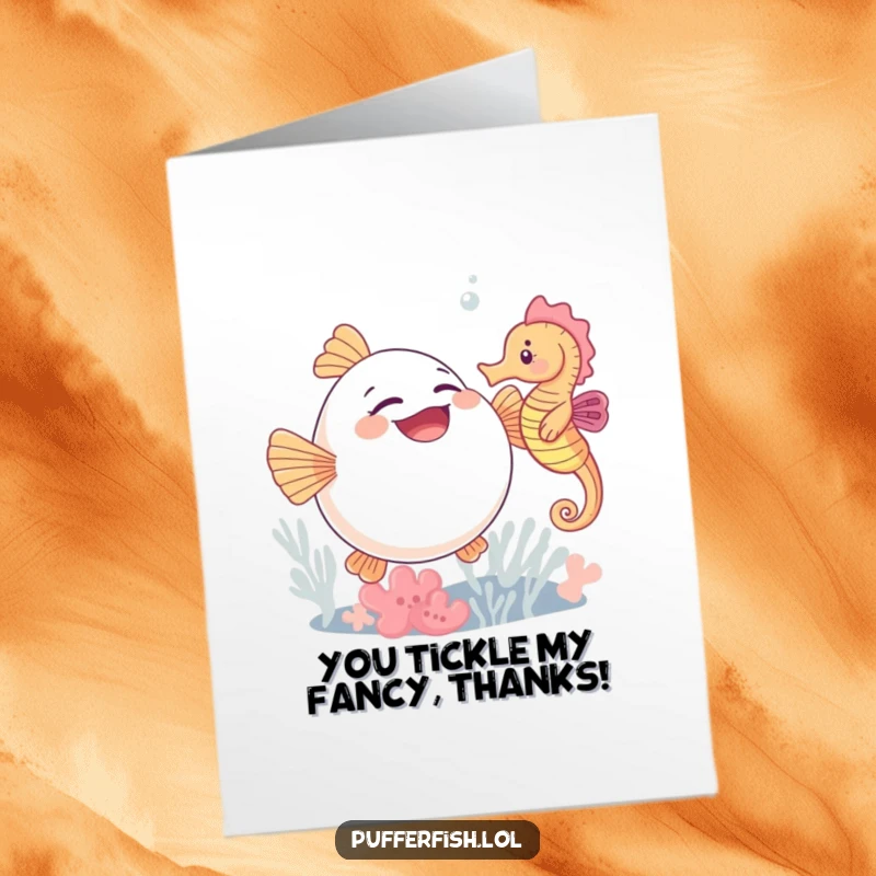 Funny Free Printable Thank You Card: A cute pufferfish laughs heartily while being tickled by a friendly seahorse, a gesture of appreciation.