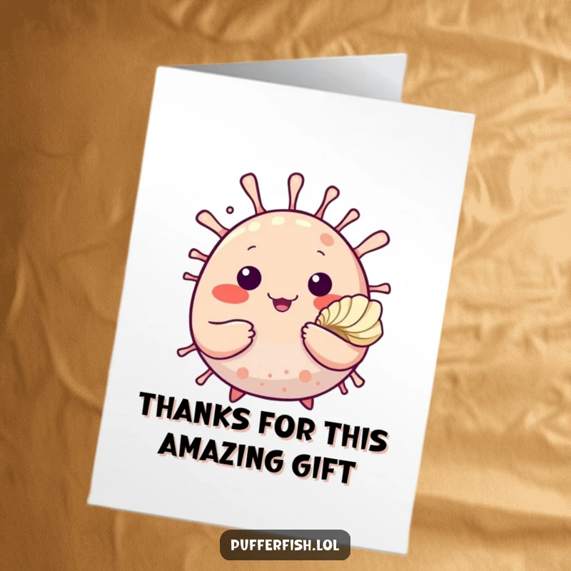 Funny Free Printable Thank You Card where a cute pufferfish waves and offers a seashell as a token of thanks.