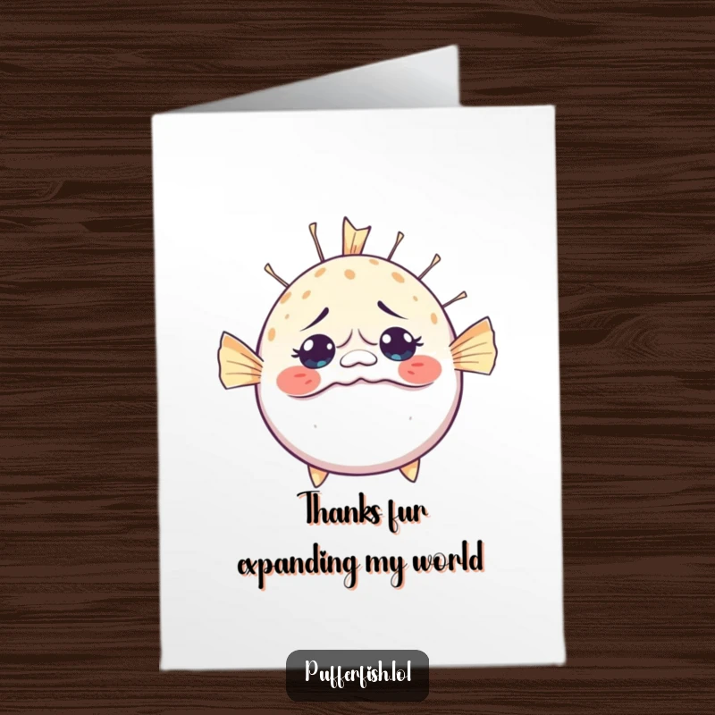 Funny Free Printable Thank You Card: A pufferfish inflating with surprise, delivering thanks in a comically bewildered way.