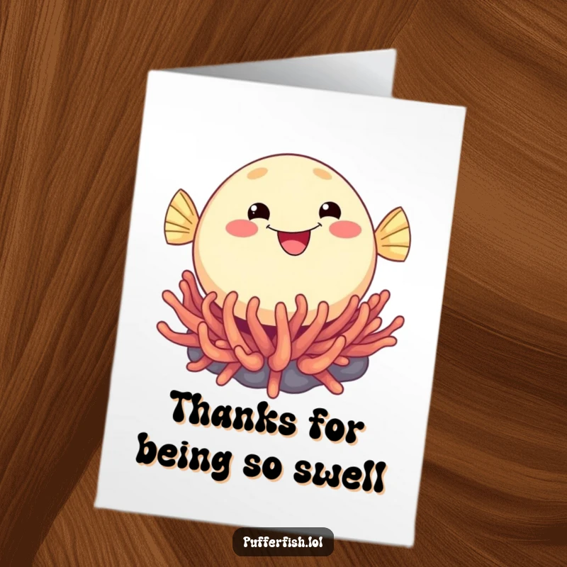 Funny Free Printable Thank You Card with a happy, round pufferfish bouncing on a sea anemone, conveying thanks.