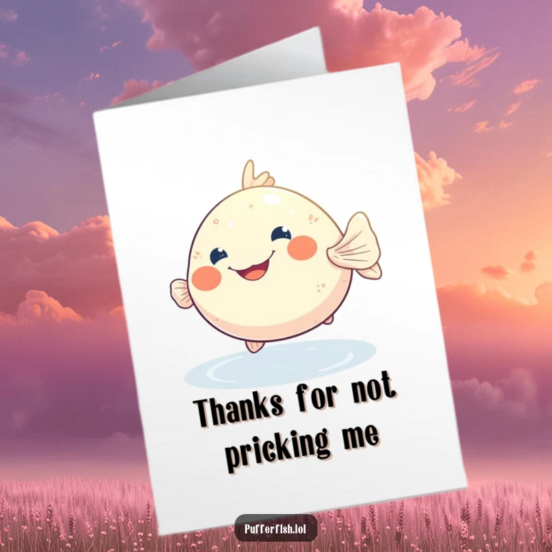 Funny Free Printable Thank You Card: Grinning Pufferfish Bobbing in Shimmering Water, Expressing Joyful Thanks.