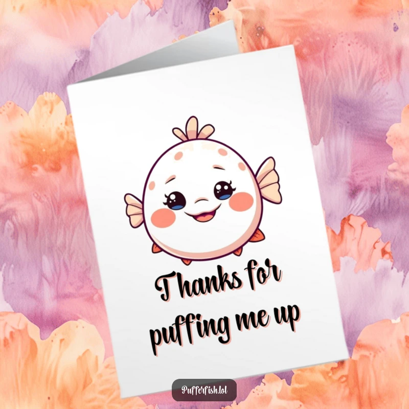 Funny Free Printable Thank You Card featuring a dizzy pufferfish with a huge, friendly smile, offering thanks in a whimsical way.