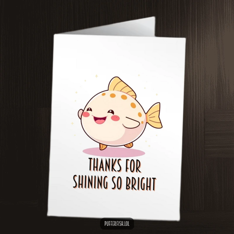 Funny Free Printable Thank You Card where a happy pufferfish performs a lively dance surrounded by glittering sparkles.