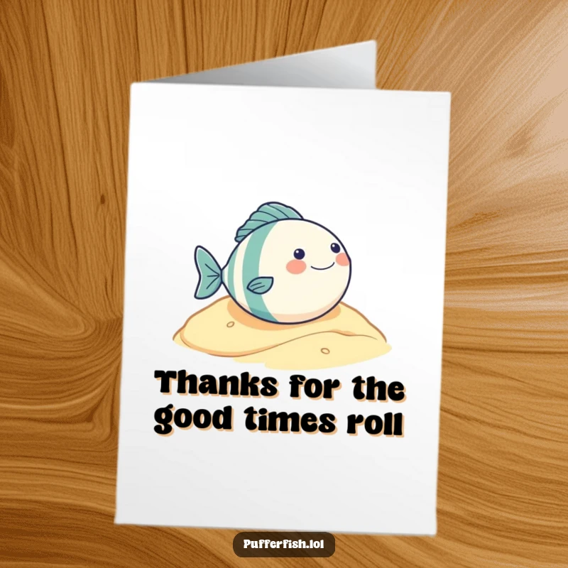 Funny Free Printable Thank You Card: A very round fish character gleefully rolling down a sandy hill with pure delight.