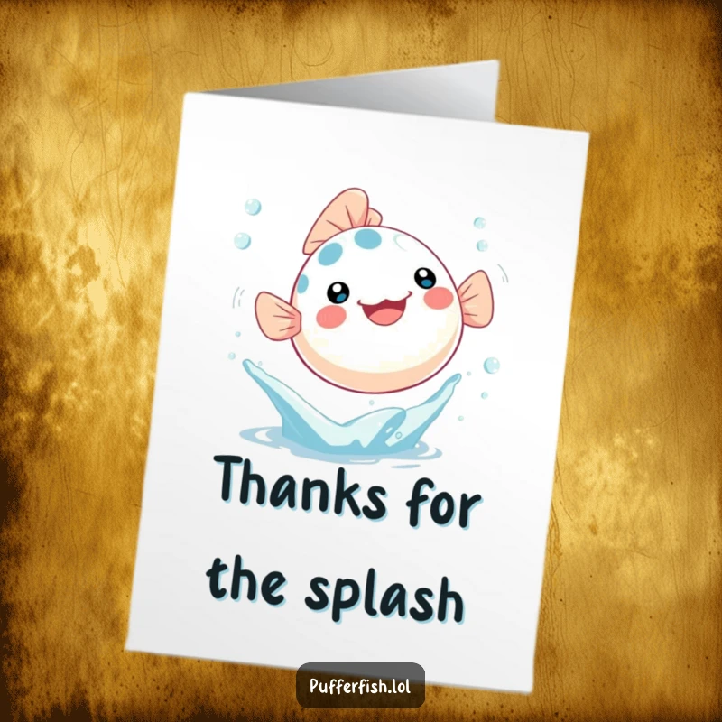Funny free printable thank you card featuring a happy Kawaii pufferfish leaping from water, sending bubbly thanks.