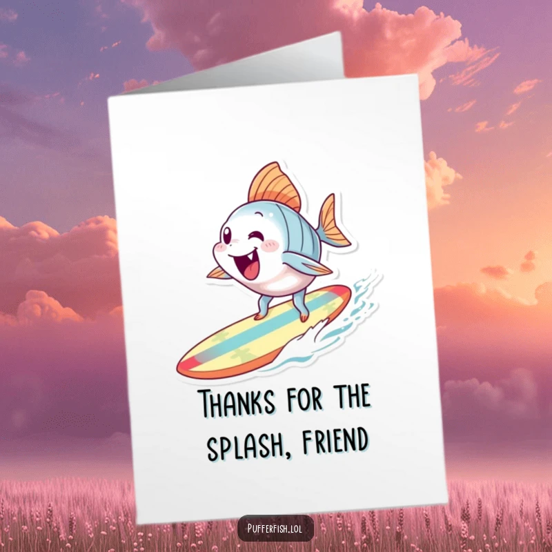 Funny Free Printable Thank You Card featuring an excited fish riding a tiny surfboard, sending thanks with a splash and a smile.