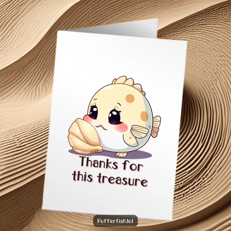 Funny Free Printable Thank You Card: A curious pufferfish character examining a shiny seashell with large, intrigued eyes.