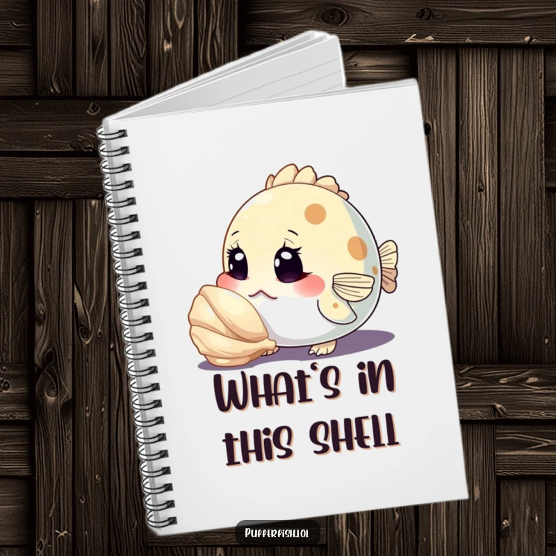 Funny notebook cover with a curious pufferfish character inspecting a shiny seashell with wide eyes, perfect for documenting discoveries.